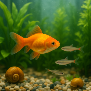 A bright orange goldfish in a clean aquarium