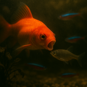 Close-up of a goldfish chasing or nipping at a smaller fish in a crowded aquarium