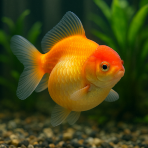 Goldfish with a swollen belly in a home aquarium, a common sign of breeding readiness